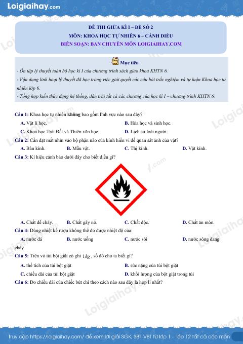 Đề thi giữa kì 1 KHTN 6 Cánh diều - Đề số 2